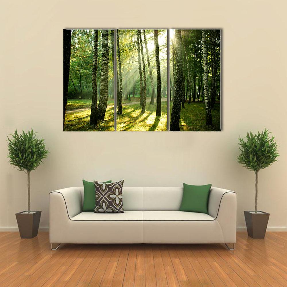 Morning In Autumn Park Canvas Wall Art-3 Horizontal-Gallery Wrap-25" x 16"-Tiaracle