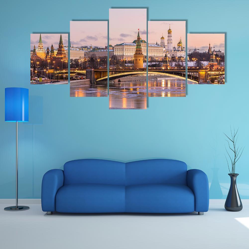 Illuminated Moscow Kremlin Canvas Wall Art-5 Star-Gallery Wrap-62" x 32"-Tiaracle