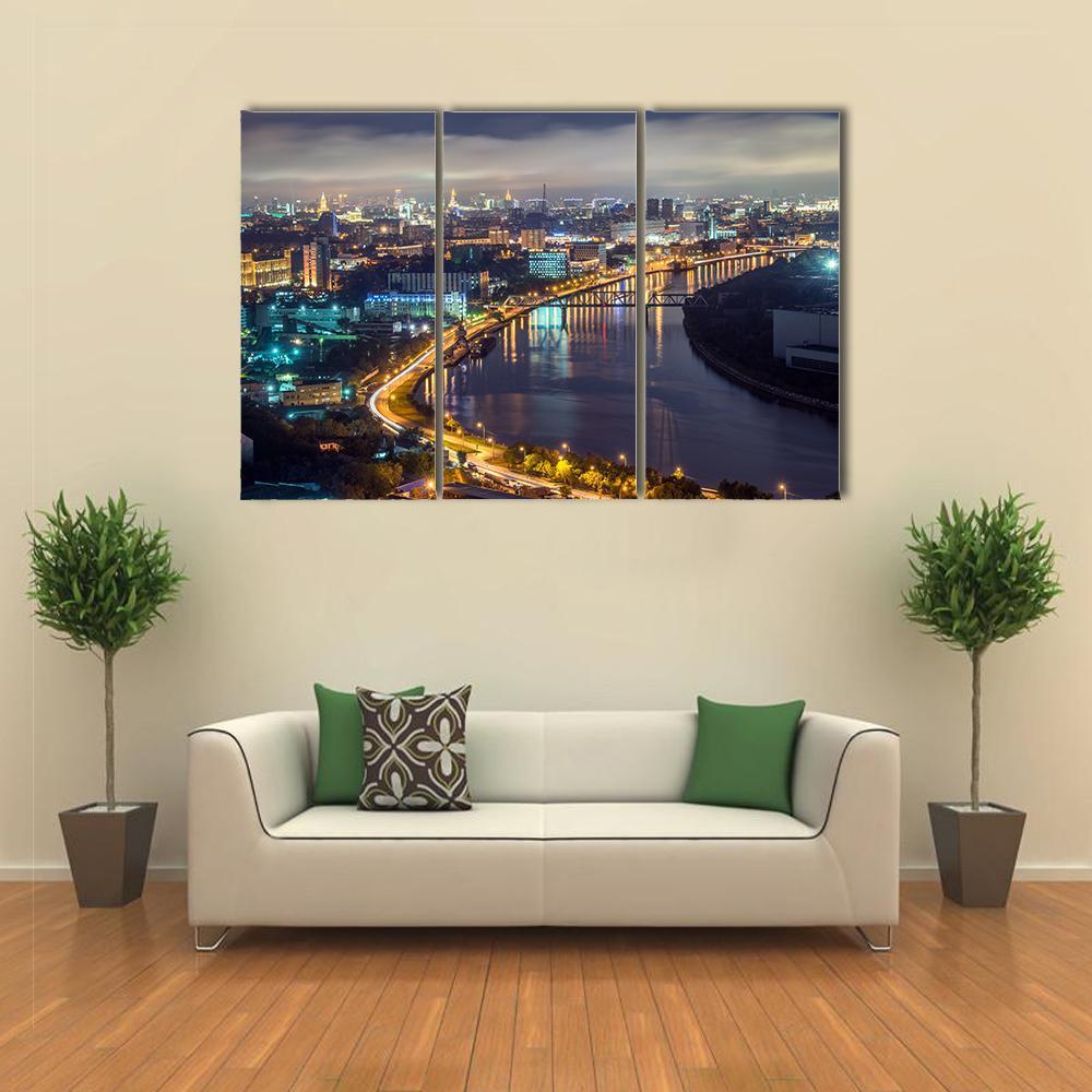 Moscow River & City At Night Canvas Wall Art-3 Horizontal-Gallery Wrap-37" x 24"-Tiaracle