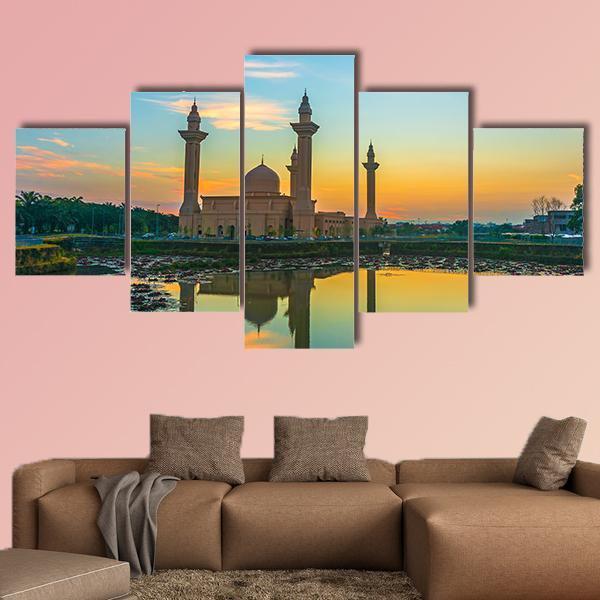 Mosque Reflection On Lake Canvas Wall Art-5 Star-Gallery Wrap-62" x 32"-Tiaracle