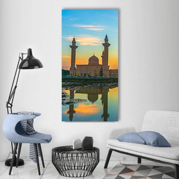 Mosque Reflection On Lake Vertical Canvas Wall Art-1 Vertical-Gallery Wrap-12" x 24"-Tiaracle