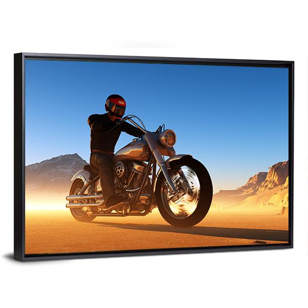 Motorcyclist In Desert Canvas Wall Art-3 Horizontal-Gallery Wrap-25" x 16"-Tiaracle