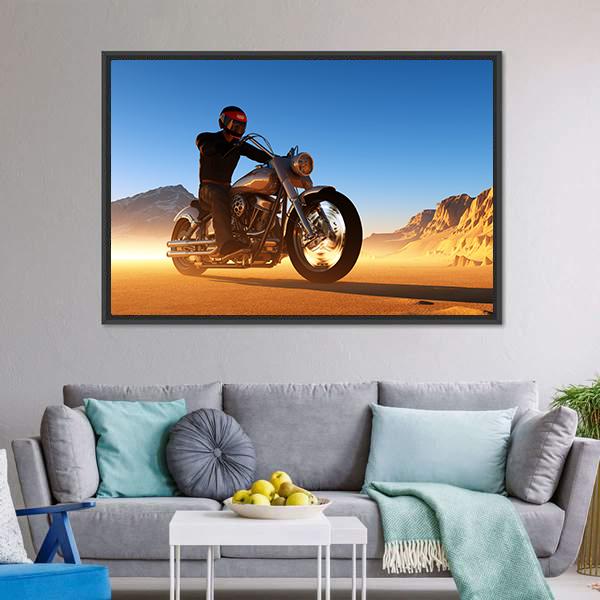 Motorcyclist In Desert Canvas Wall Art-5 Horizontal-Gallery Wrap-22" x 12"-Tiaracle