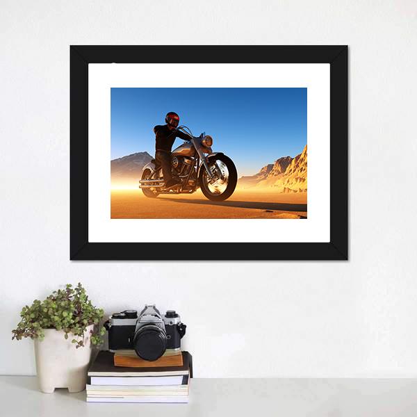 Motorcyclist In Desert Canvas Wall Art-1 Piece-Framed Print-20" x 16"-Tiaracle