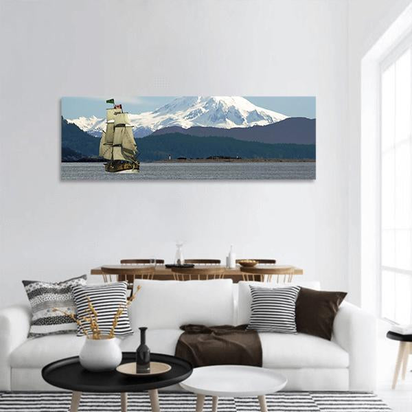 Mount Baker & Sailing Ship Panoramic Canvas Wall Art-1 Piece-36" x 12"-Tiaracle