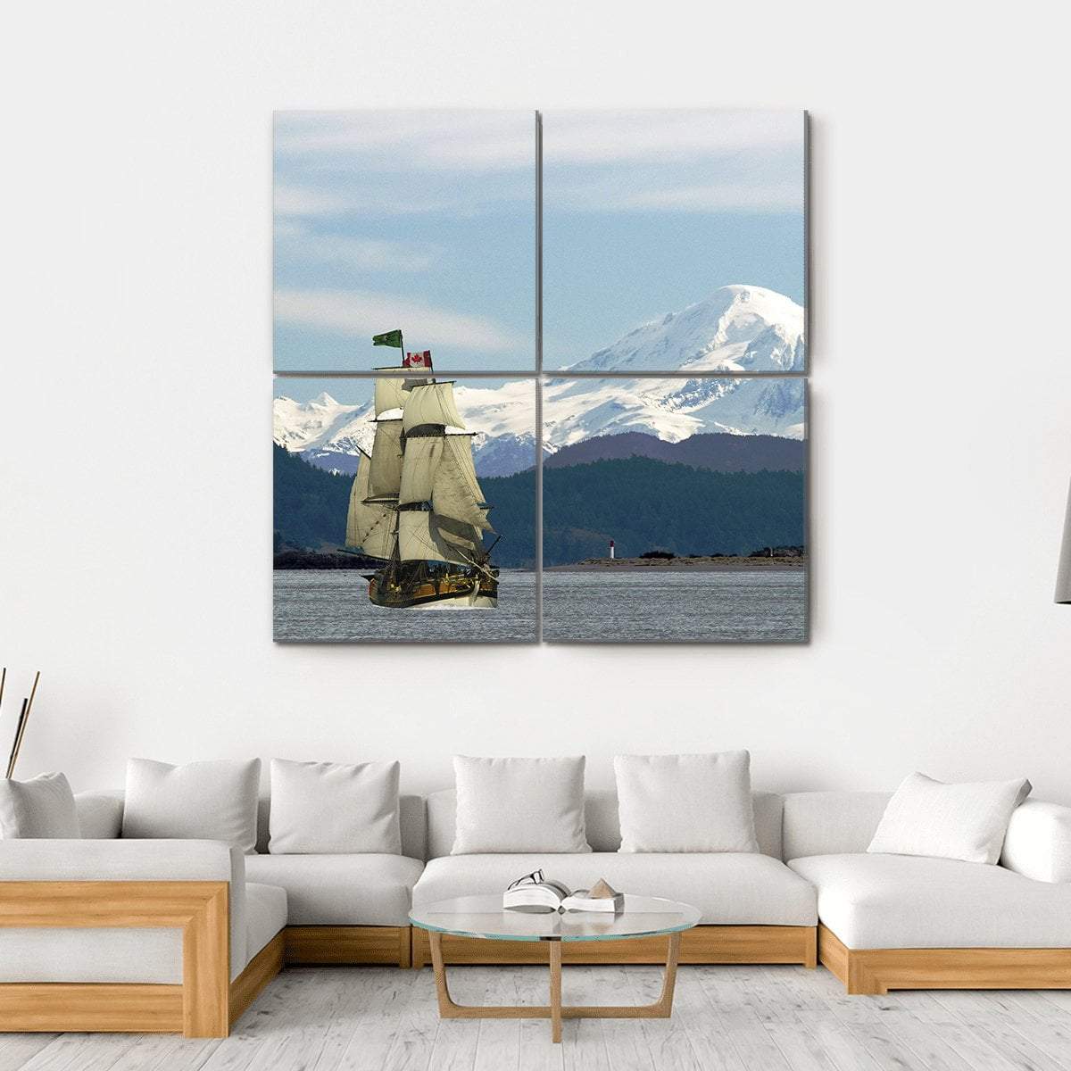 Mount Baker & Sailing Ship Canvas Wall Art-4 Square-Gallery Wrap-17" x 17"-Tiaracle