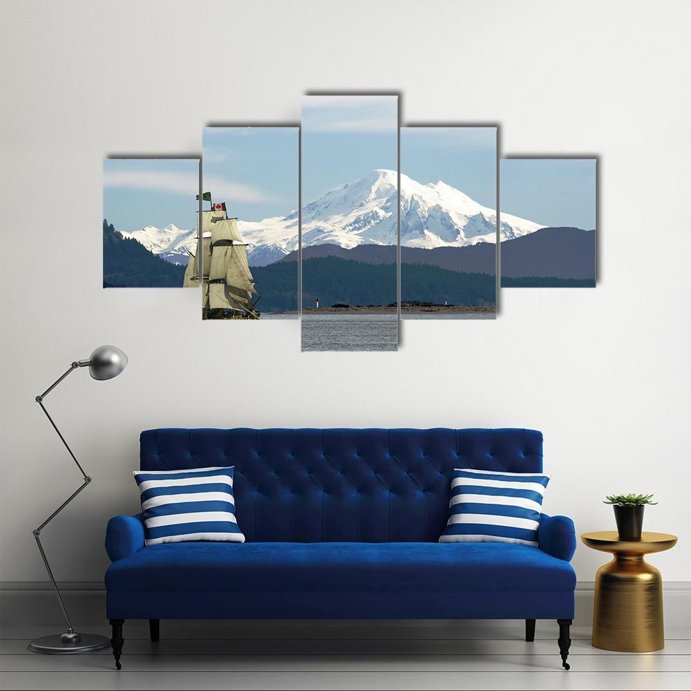 Mount Baker & Sailing Ship Canvas Wall Art-5 Star-Gallery Wrap-62" x 32"-Tiaracle