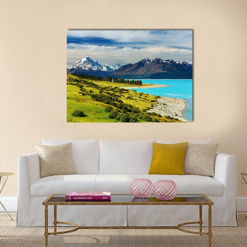 Mount Cook And Pukaki Lake Canvas Wall Art-1 Piece-Gallery Wrap-36" x 24"-Tiaracle