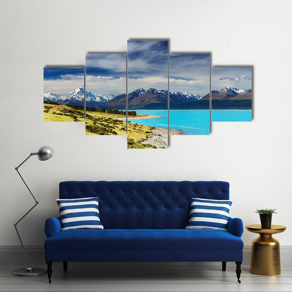 Mount Cook And Pukaki Lake Canvas Wall Art-5 Star-Gallery Wrap-62" x 32"-Tiaracle