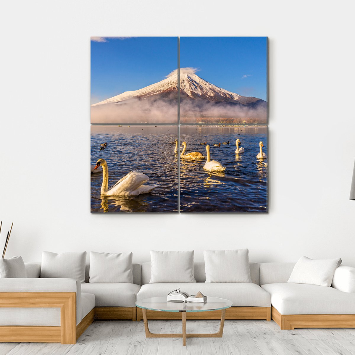 Swans Infront Of Mt Fuji Canvas Wall Art-4 Square-Gallery Wrap-17" x 17"-Tiaracle