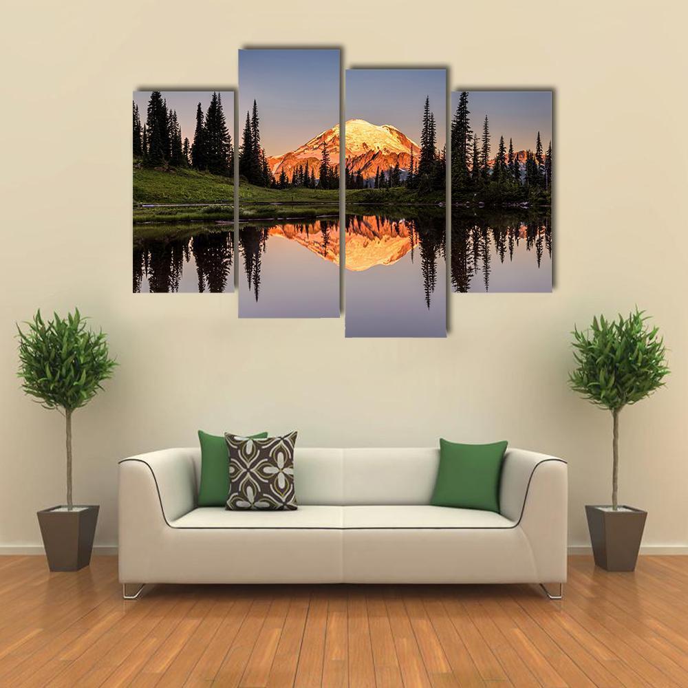 Mount Rainier Reflection At Sunset Canvas Wall Art-4 Pop-Gallery Wrap-50" x 32"-Tiaracle