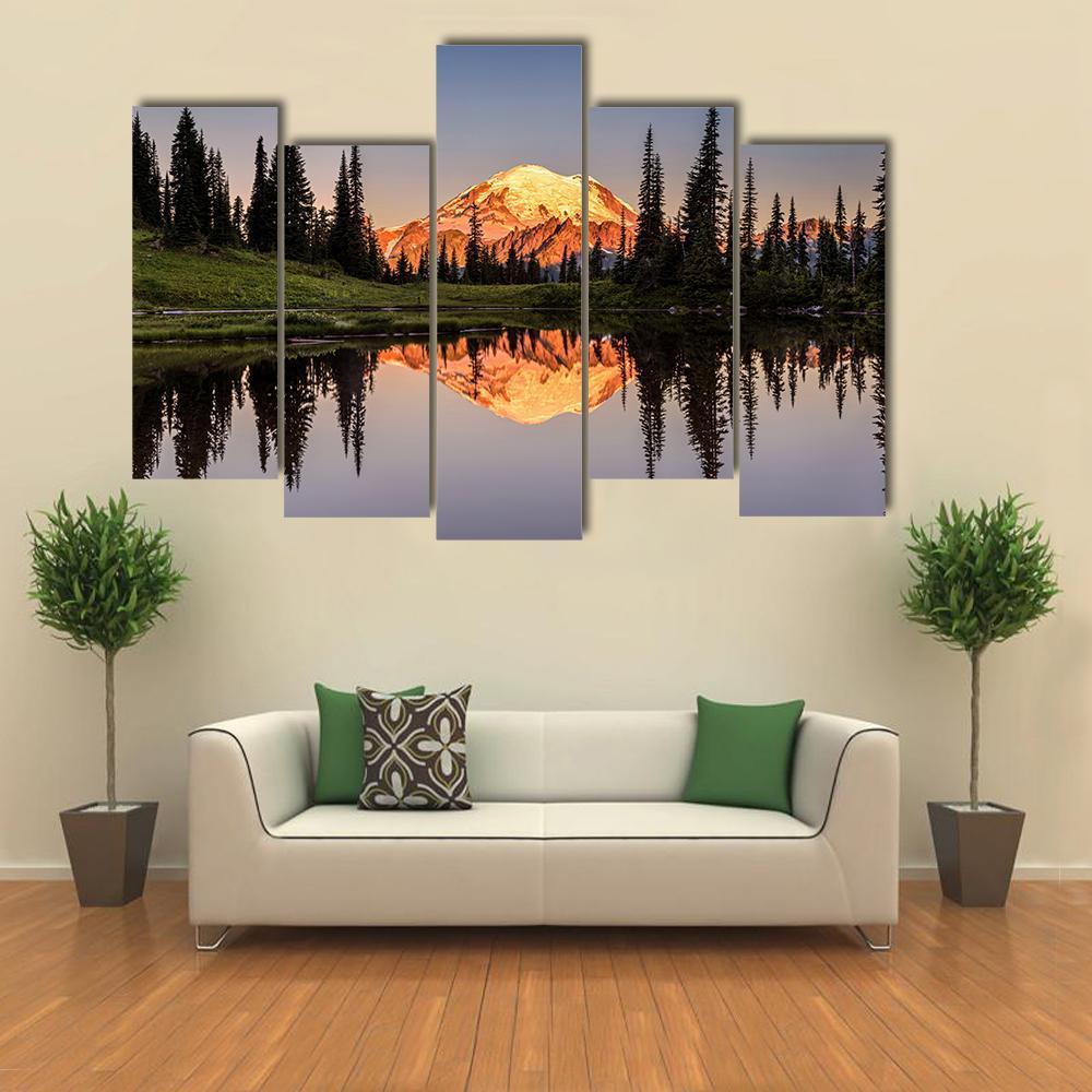Mount Rainier Reflection At Sunset Canvas Wall Art-5 Pop-Gallery Wrap-47" x 32"-Tiaracle