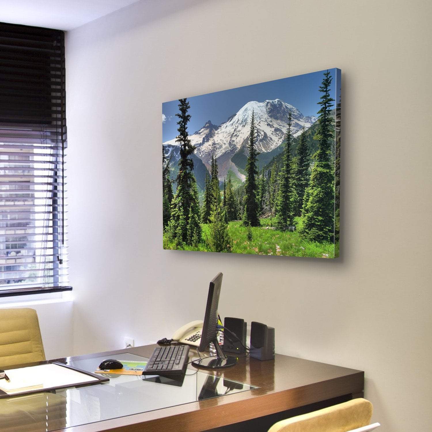 Mt Rainier & Pine Trees Canvas Wall Art-3 Horizontal-Gallery Wrap-25" x 16"-Tiaracle