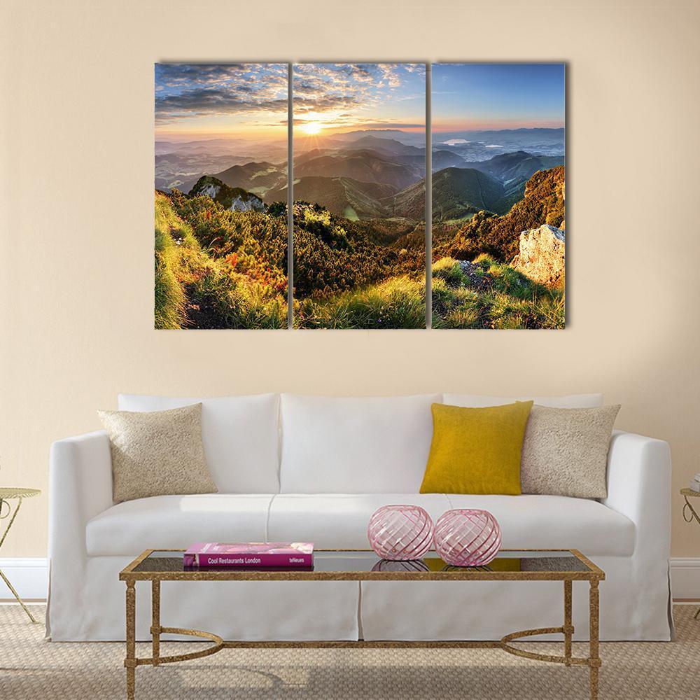 Mountain Forest In Sunlight Canvas Wall Art-3 Horizontal-Gallery Wrap-37" x 24"-Tiaracle