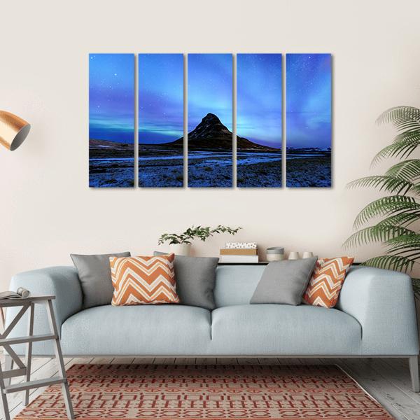 Mountain Kirkjufell & Aurora Canvas Wall Art-5 Horizontal-Gallery Wrap-22" x 12"-Tiaracle