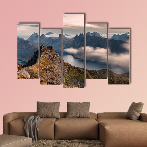 Mountain Landscape In Lofoten Canvas Wall Art-5 Pop-Gallery Wrap-47" x 32"-Tiaracle