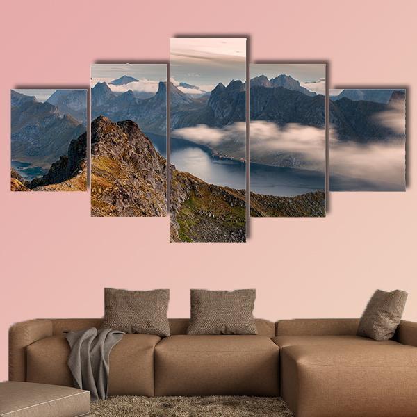 Mountain Landscape In Lofoten Canvas Wall Art-5 Star-Gallery Wrap-62" x 32"-Tiaracle