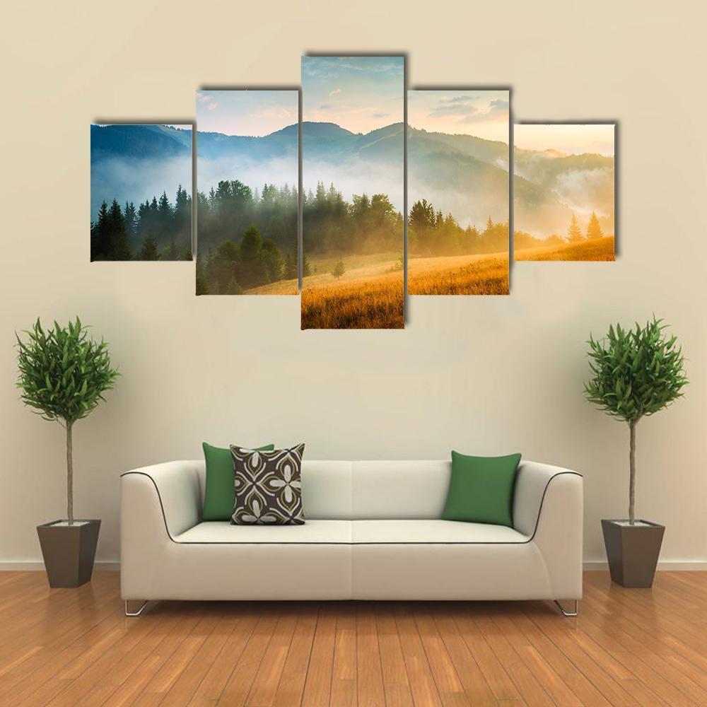 Mountain Landscape With Fog Canvas Wall Art-5 Star-Gallery Wrap-62" x 32"-Tiaracle