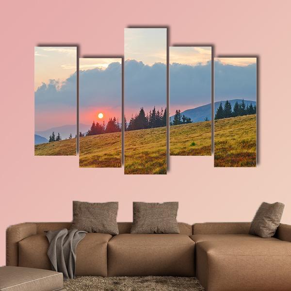 Mountain Landscape With Sun Canvas Wall Art-5 Pop-Gallery Wrap-47" x 32"-Tiaracle