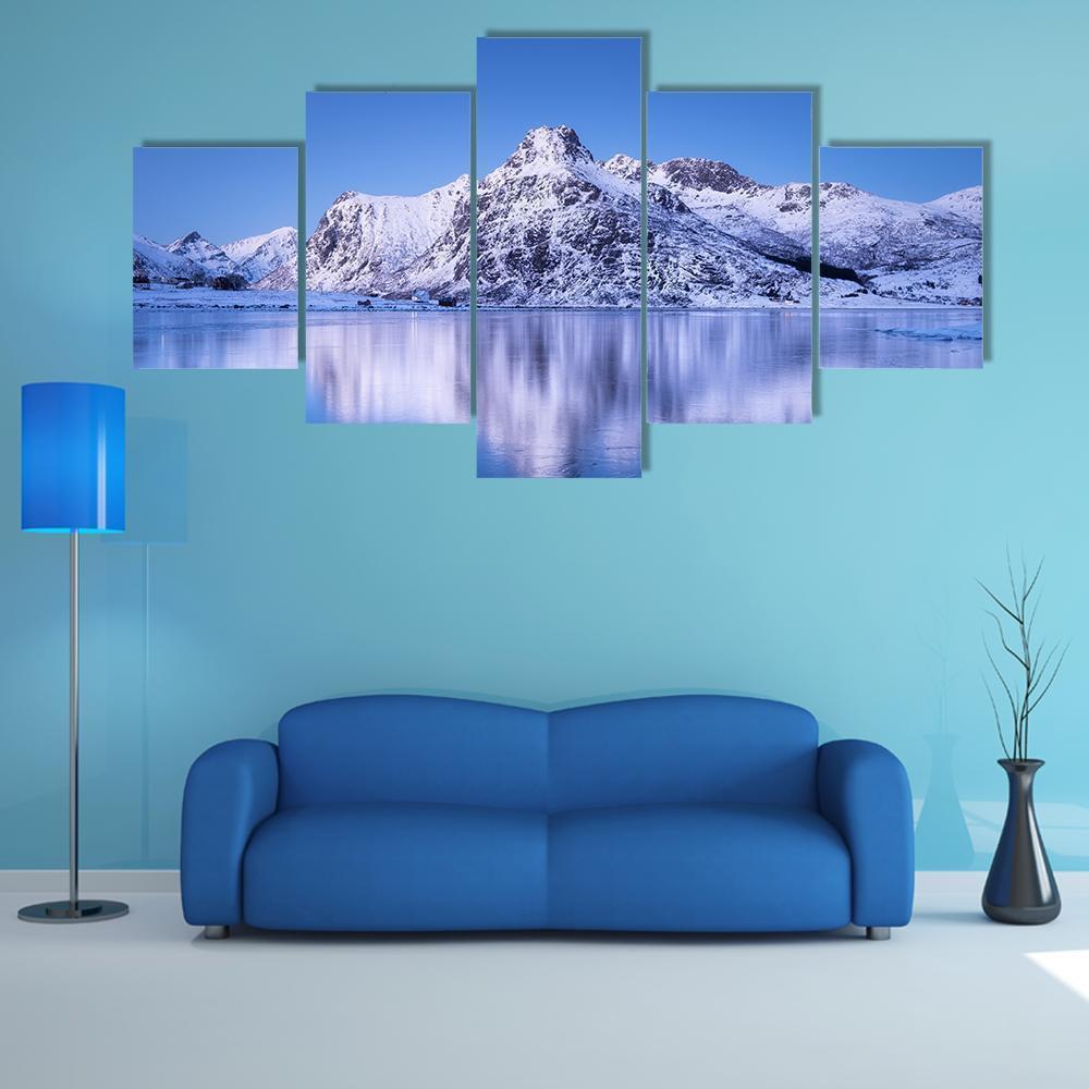 Snowy Mountain Reflection In Lake Canvas Wall Art-5 Star-Gallery Wrap-62" x 32"-Tiaracle