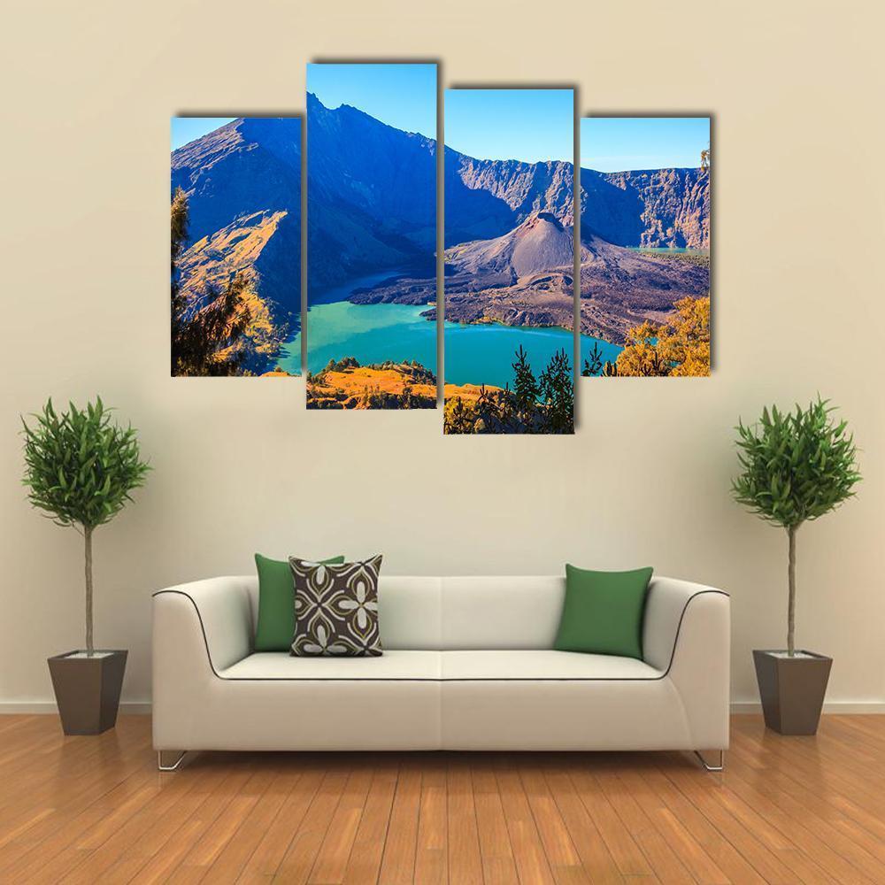 Mount Rinjani With Lake Canvas Wall Art-4 Pop-Gallery Wrap-50" x 32"-Tiaracle