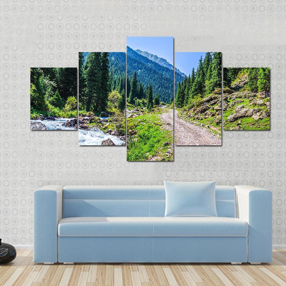 Mountain River & Road Canvas Wall Art-5 Star-Gallery Wrap-62" x 32"-Tiaracle