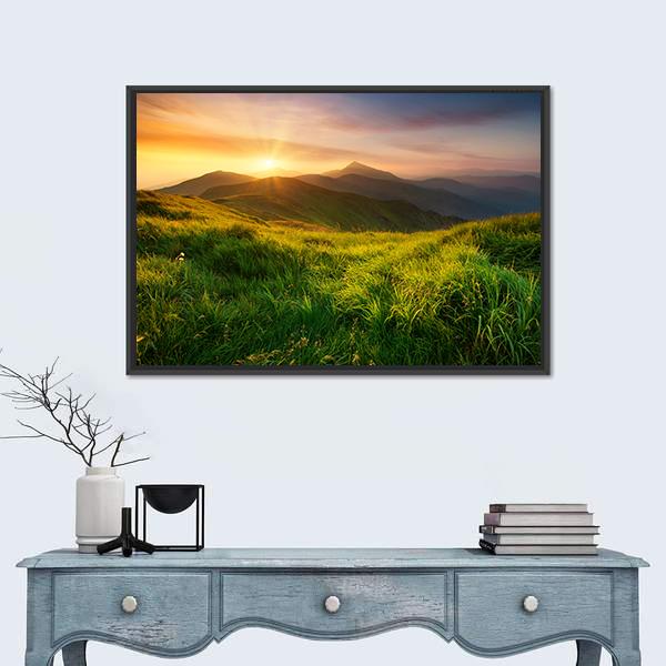 Mountain Valley During Sunrise Canvas Wall Art-1 Piece-Floating Frame-24" x 16"-Tiaracle