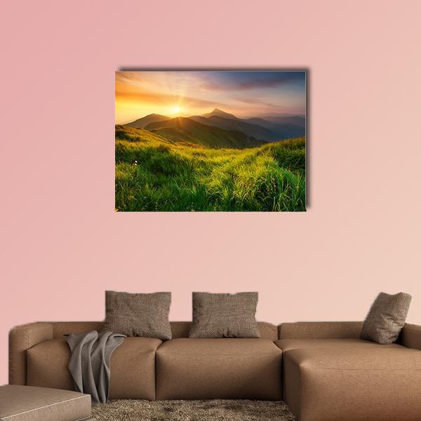 Mountain Valley During Sunrise Canvas Wall Art-1 Piece-Gallery Wrap-36" x 24"-Tiaracle