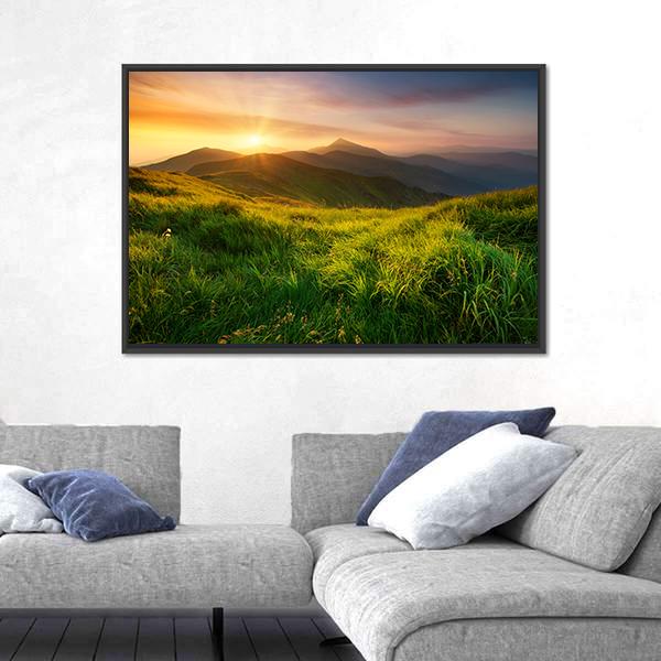 Mountain Valley During Sunrise Canvas Wall Art-3 Horizontal-Gallery Wrap-25" x 16"-Tiaracle