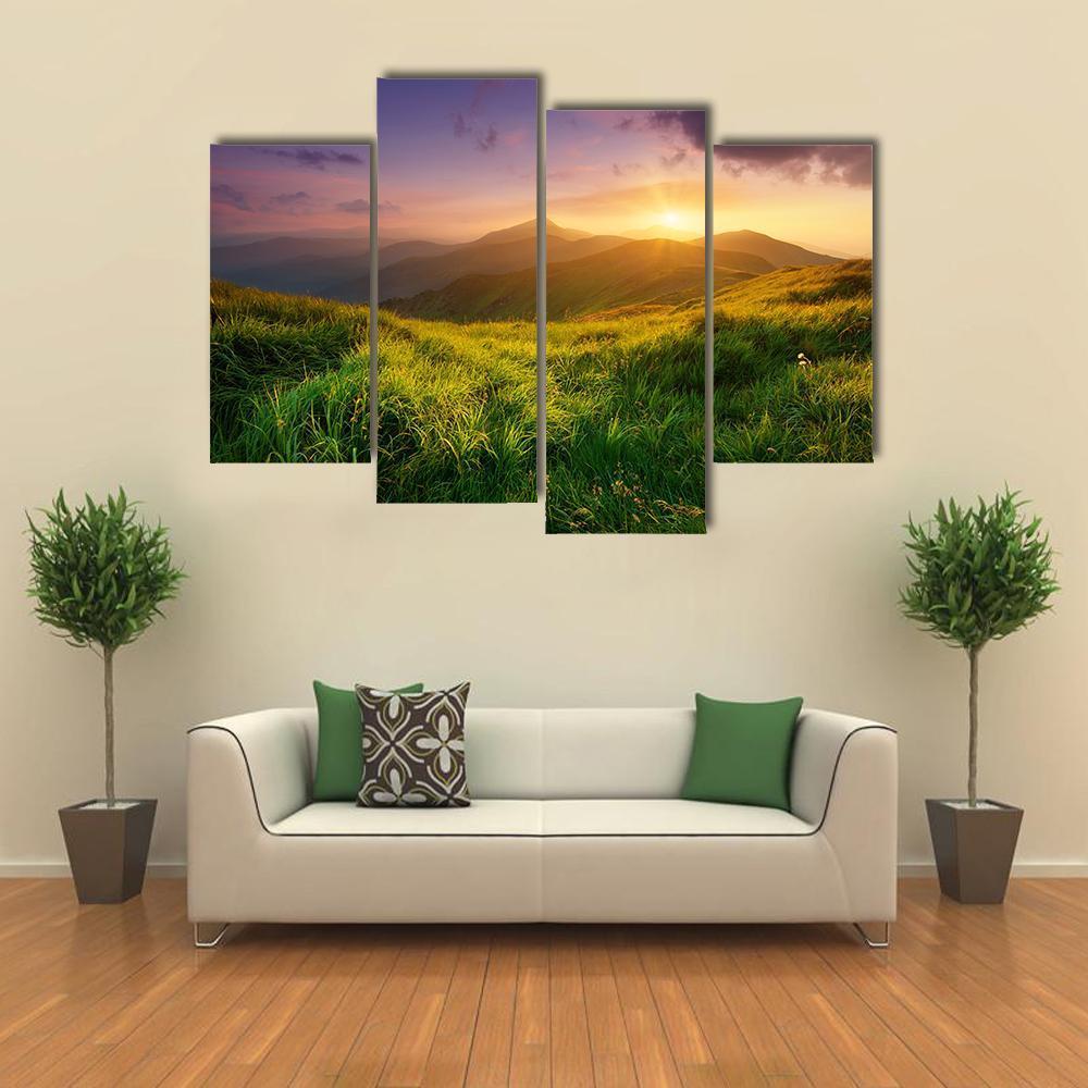 Sunrise On Mountain Valley Canvas Wall Art-4 Pop-Gallery Wrap-50" x 32"-Tiaracle