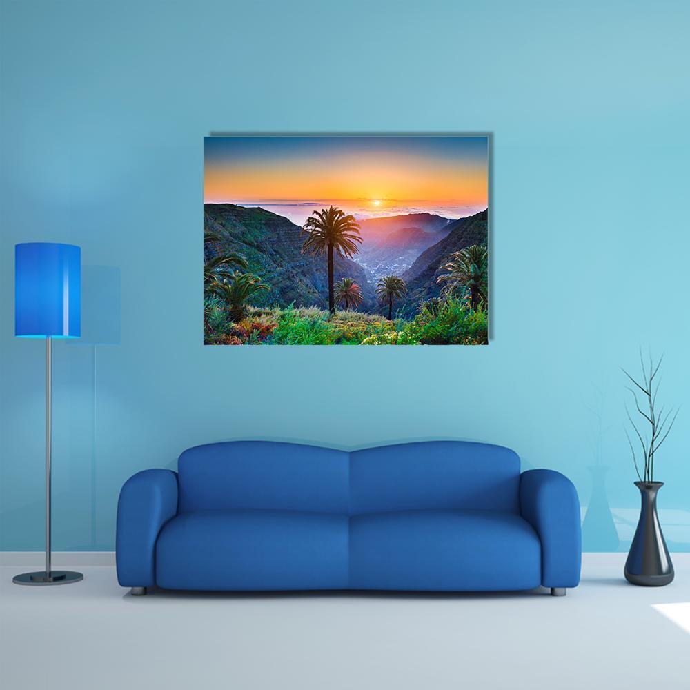 Golden Sun On Mountain Valley Canvas Wall Art-1 Piece-Gallery Wrap-48" x 32"-Tiaracle