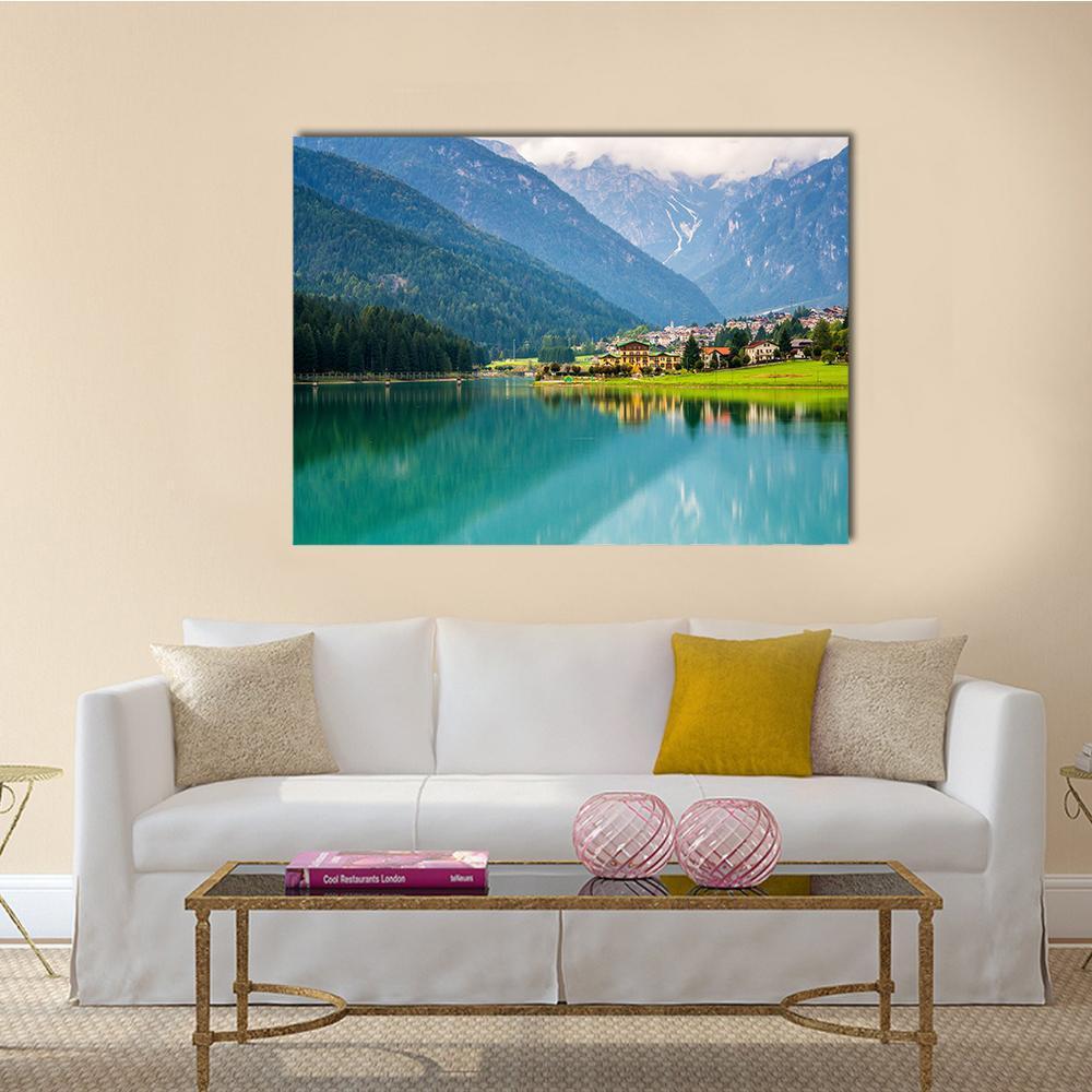 Mountain Village & Lake Auronzo Canvas Wall Art-1 Piece-Gallery Wrap-48" x 32"-Tiaracle