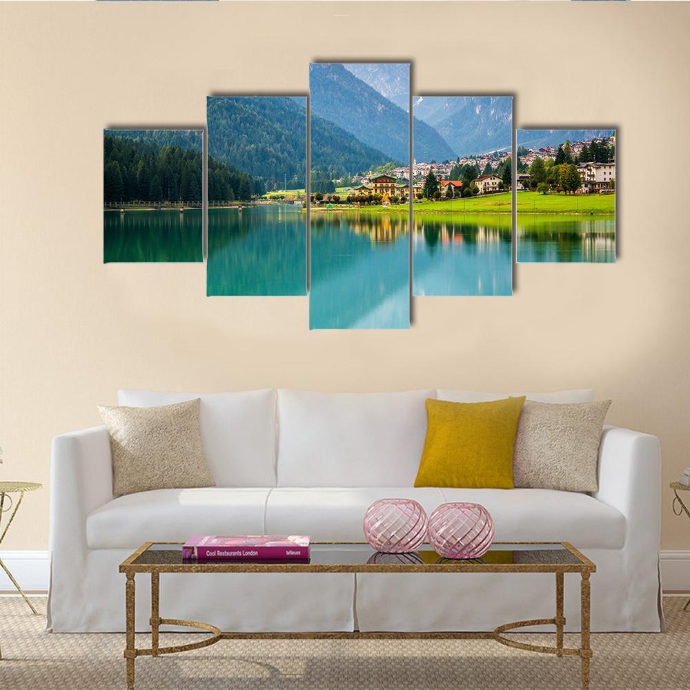 Mountain Village & Lake Auronzo Canvas Wall Art-5 Star-Gallery Wrap-62" x 32"-Tiaracle