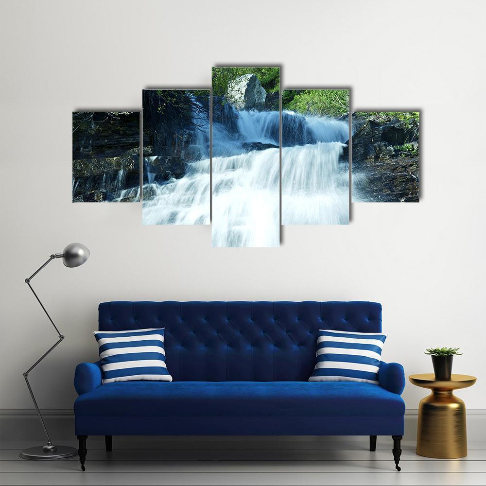 Mountain Waterfall Glacier Canvas Wall Art-5 Star-Gallery Wrap-62" x 32"-Tiaracle