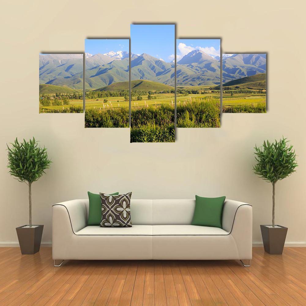 Mountains & Green Fields Canvas Wall Art-5 Star-Gallery Wrap-62" x 32"-Tiaracle