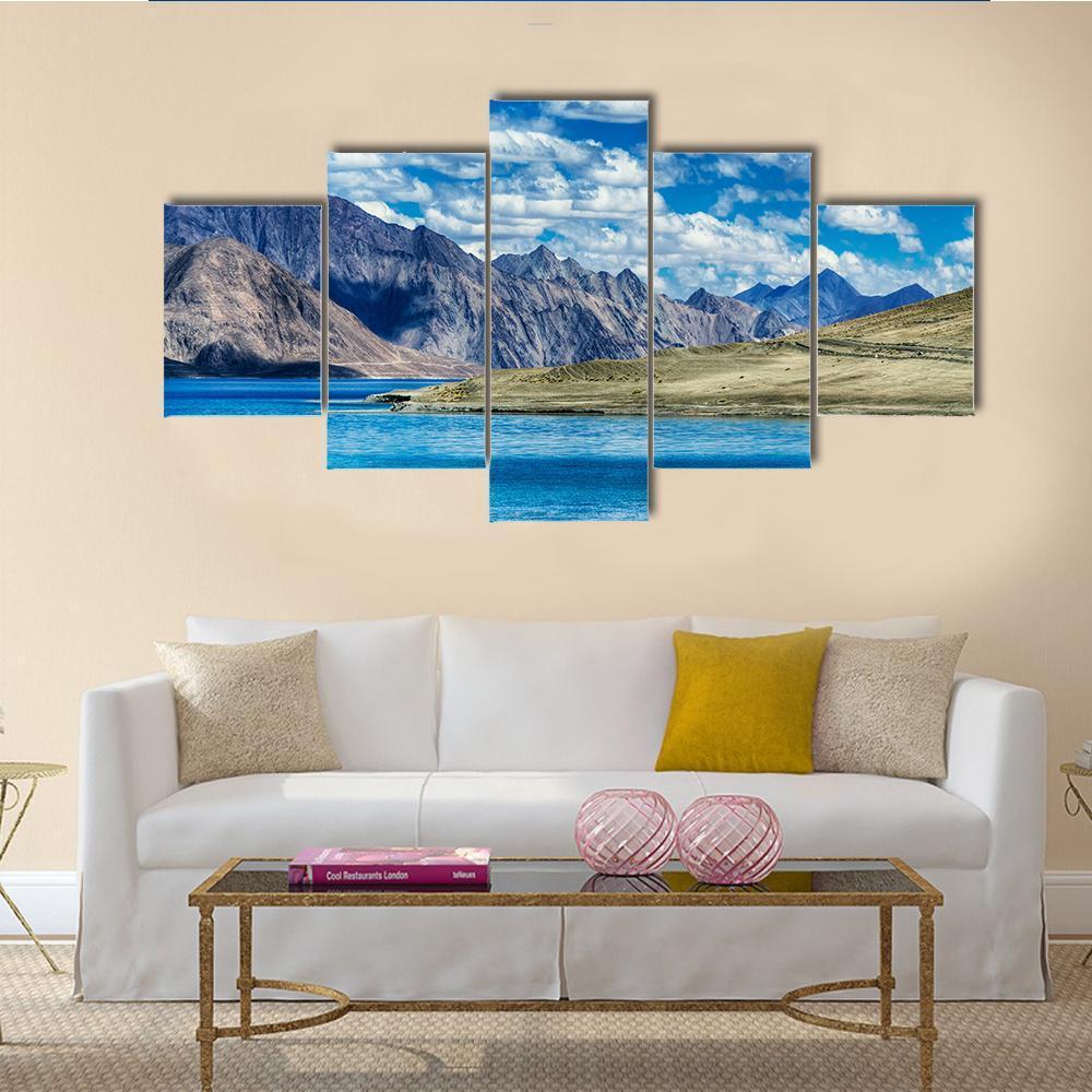 Mountains & Pangong Lake Canvas Wall Art-5 Star-Gallery Wrap-62" x 32"-Tiaracle