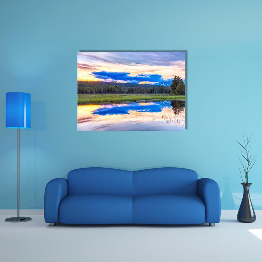Sunset At Yellowstone National Park Canvas Wall Art-1 Piece-Gallery Wrap-48" x 32"-Tiaracle