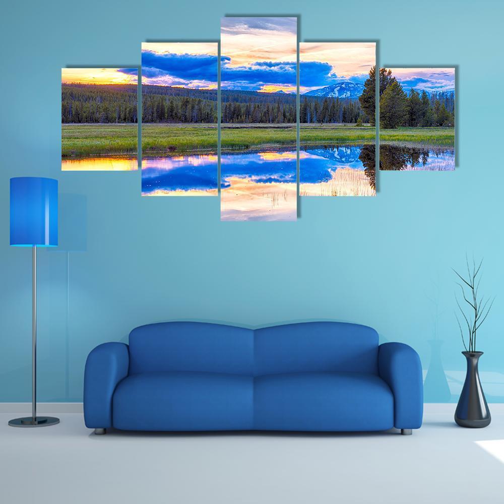 Sunset At Yellowstone National Park Canvas Wall Art-5 Star-Gallery Wrap-62" x 32"-Tiaracle