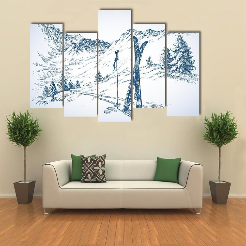 Mountains In Winter Season Canvas Wall Art-5 Pop-Gallery Wrap-47" x 32"-Tiaracle