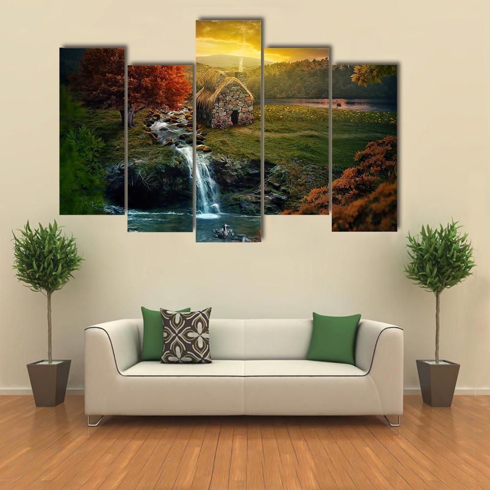 Mountains Near A Stream Canvas Wall Art-5 Pop-Gallery Wrap-47" x 32"-Tiaracle