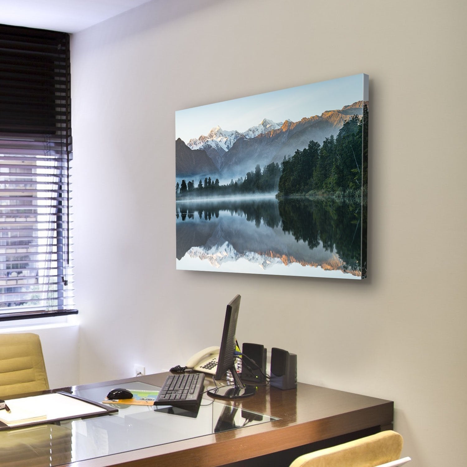 Mountains Reflection In Lake Canvas Wall Art-3 Horizontal-Gallery Wrap-25" x 16"-Tiaracle