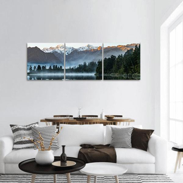 Mountains Reflection In Lake Panoramic Canvas Wall Art-3 Piece-25" x 08"-Tiaracle