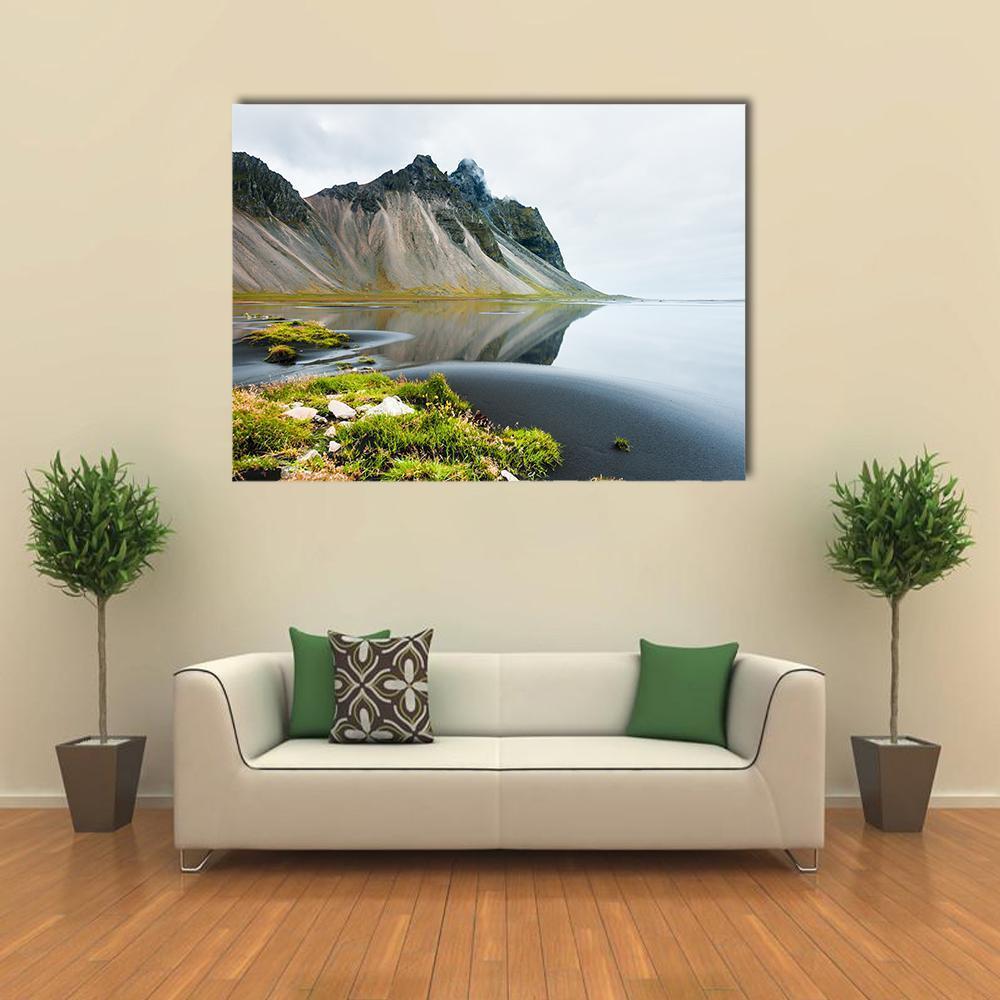 Mountain Reflection On Shore Canvas Wall Art-1 Piece-Gallery Wrap-48" x 32"-Tiaracle