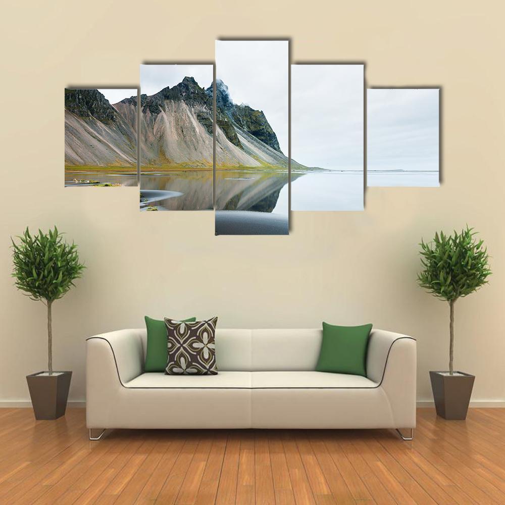Mountain Reflection On Shore Canvas Wall Art-3 Horizontal-Gallery Wrap-25" x 16"-Tiaracle