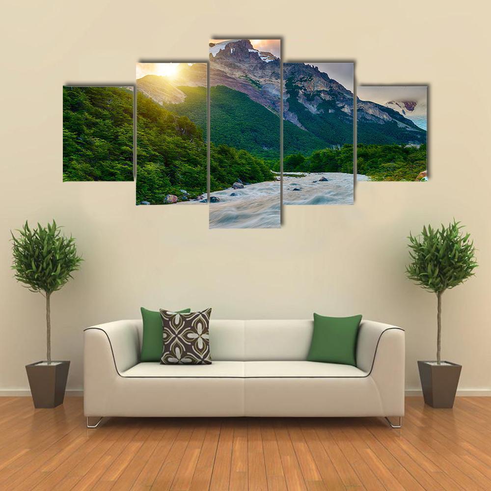 Mountain & Fitzroy River Canvas Wall Art-5 Star-Gallery Wrap-62" x 32"-Tiaracle