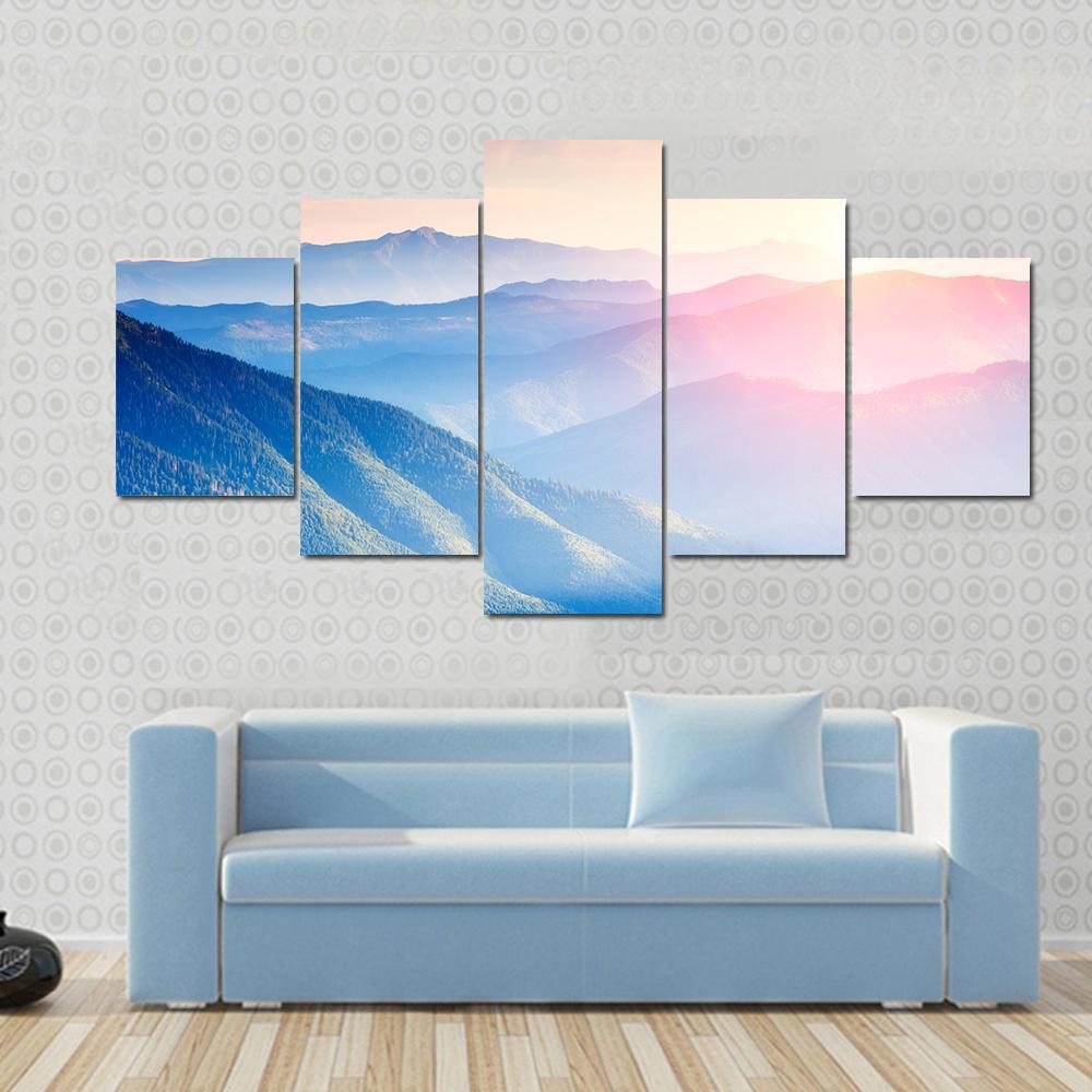 Mountains With Sunny Beams Canvas Wall Art-5 Star-Gallery Wrap-62" x 32"-Tiaracle