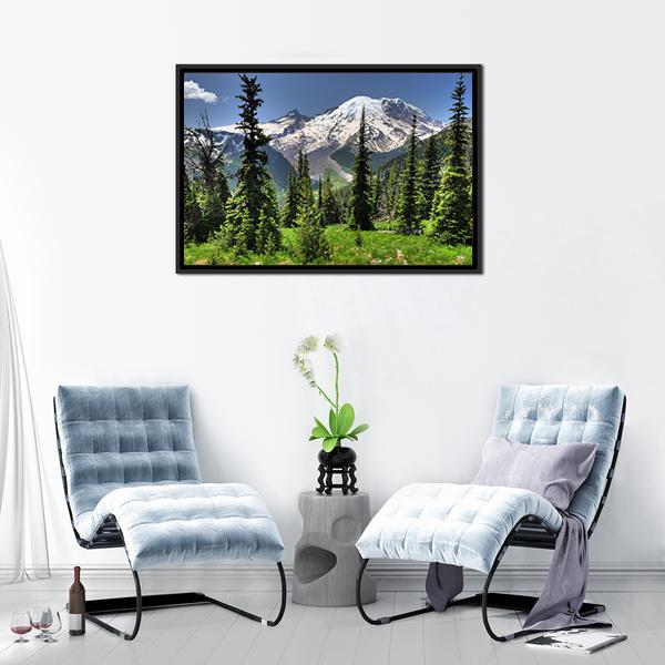 Mt Rainier & Pine Trees Canvas Wall Art-5 Horizontal-Gallery Wrap-22" x 12"-Tiaracle