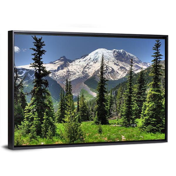 Mt Rainier & Pine Trees Canvas Wall Art-3 Horizontal-Gallery Wrap-25" x 16"-Tiaracle