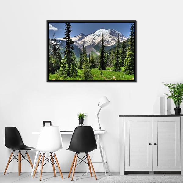 Mt Rainier & Pine Trees Canvas Wall Art-5 Horizontal-Gallery Wrap-22" x 12"-Tiaracle