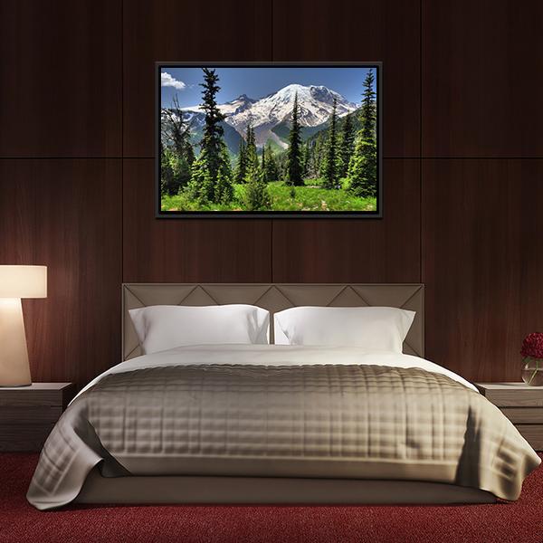 Mt Rainier & Pine Trees Canvas Wall Art-5 Horizontal-Gallery Wrap-22" x 12"-Tiaracle